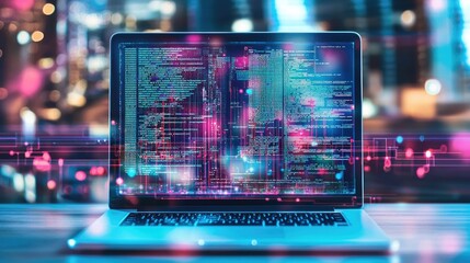 A laptop with an open screen showing coding or digital artwork in a home office.