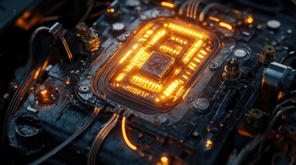 Futuristic machine with fiber optic cables and energy digital circuits, background wallpaper AI generated image