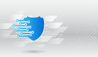 Poster - Modern digital security concept with a blue shield and circuit lines on a light gray geometric background. Ideal for cybersecurity, data protection, antivirus, and tech-related presentations.