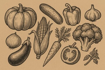 Poster - Fresh Vegetables Illustration Featuring a Variety of Produce Including Pumpkin, Cucumber, and Broccoli on a Brown Background