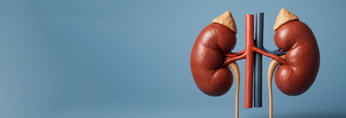 Poster - Detailed Anatomical Model of Human Kidneys Showcasing Renal Structure and Vascular Connections Against a Blue Background