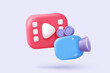 © M.AKA - 3d video camera icon isolated  with lens and button on pastel background. Realistic film movie icon, play button for streaming multimedia concept. 3d cinema record icon vector render illustration