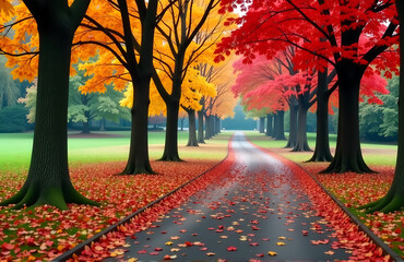 Wall Mural - red yellow leaves fall trees onto winding path autumnal park