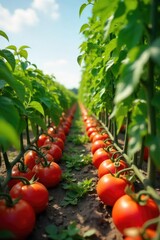 Wall Mural - Rows of vibrant red ripe tomatoes growing on the vine in a sunny tomato field, ready for harvest Lush green foliage surrounds the plump, juicy fruits , nature, plant