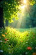 © Chanchai - Sunlight streams through leaves onto a lush green meadow, illuminating wildflowers and grass Nature's vibrant energy flows freely, a tranquil scene of shared life force , bright, leaves