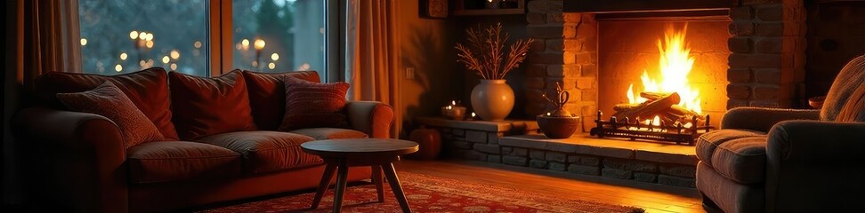 Wall Mural - Warm, inviting glow of a fireplace casting a comforting ambiance on a cozy room Perfect for autumn, winter, or holiday themes Relaxing, homey atmosphere , room, warmth, logs