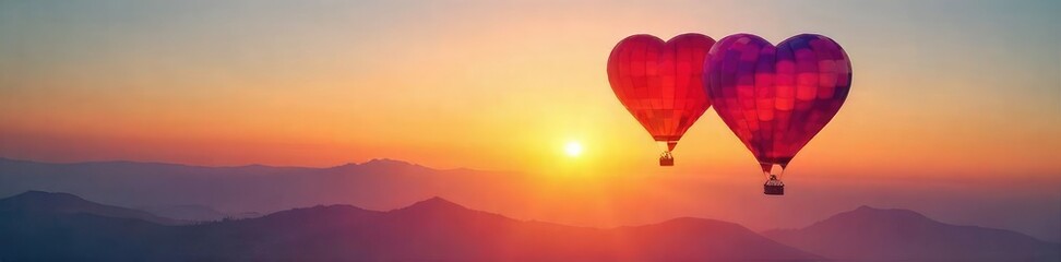 Wall Mural - A pair of vibrant hot air balloons, shaped like hearts, soar through a breathtaking sunset sky, representing the boundless freedom and joy of love , balloon festival, majestic, breathtaking