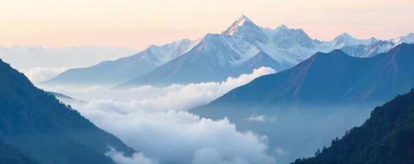 Wall Mural - Ethereal mist clinging to mountain peaks, creating a breathtaking spectacle of condensed clouds resembling a celestial realm A serene landscape bathed in soft light , wonder, fog, mystical