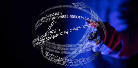 Abstract image of data streams surrounding hands, symbolizing digital technology and the internet.