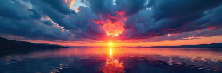 Wall Mural - Dramatic stormy sky over a vast, tranquil lake at sunset Dark clouds gather, reflecting fiery orange and purple hues on the water Perfect for atmospheric backgrounds , orange, color, natural