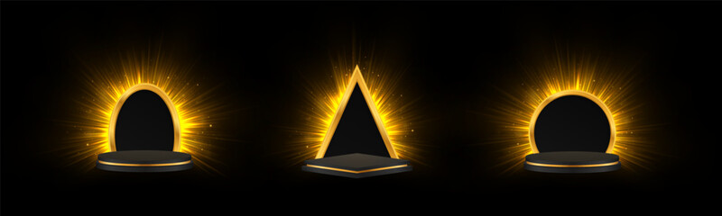 Wall Mural - luxury podium with glowing rays and sparkling light effect. shiny black platform for product present