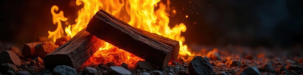 Wall Mural - Fiery orange and yellow flames engulf a stack of seasoned firewood, creating a dramatic and warm flare Perfect for themes of warmth, nature, and cozy evenings , orange, flames, campfire