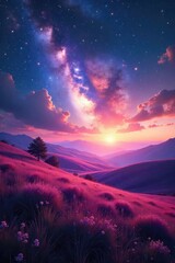 Wall Mural - Vast, ethereal fields stretching to a breathtaking celestial horizon, filled with swirling nebulae and distant galaxies A serene and otherworldly landscape where heaven and earth meet , stars, sky