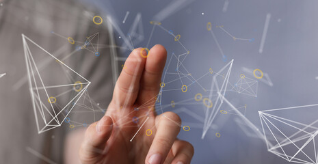 Poster - Abstract image of hand interacting with a digital network.  Perfect for technology, connectivity, and data concepts.