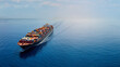 © Mina - Aerial panorama of a cargo ship carrying container for import and export, business logistic and transportation in open sea with copy space