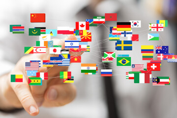 Leinwandbilder - A hand interacts with a network of flags representing global connections and international relations.