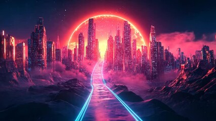 Wall Mural - futuristic city skyline at sunset, glowing roads lead towards a massive red sun