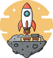 Wall Mural - rocket launching from asteroid with red fins and orange flames vector illustration