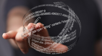Aufkleber - Hand interacting with a digital globe showing data streams and code.  Concept for technology, data, and innovation.