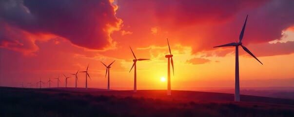 Wall Mural - Rows of windmills stand silhouetted against a fiery sunset, a visual representation of contrasting energy sources and the greenhouse effect's impact on the atmosphere , sun, environment