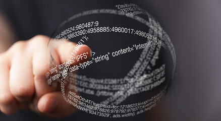 Aufkleber - Close-up of a hand interacting with a transparent sphere filled with digital data, code, and numbers.