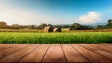 wooden table with blurry farm background for product display
