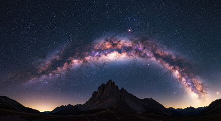 beautiful night view, the bright milky way galaxy above the mountains, starry sky.