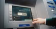 © Framestock - ATM User Entering PIN Code on ATM Keypad for Money Withdrawal. Error Message on Cash Machine Screen About Cancelled Transaction Due to Lack of Cash. Cash Transactions, Banking System. Close Up Shot.