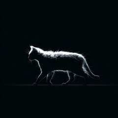 Poster - Ghostly silhouette of a wildcat outlined in glowing neon lines, red and blue palette on black, ideal for tech or creative design
