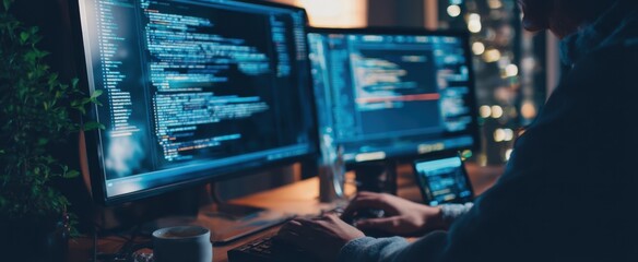 The developer coding at night in a modern tech workspace.