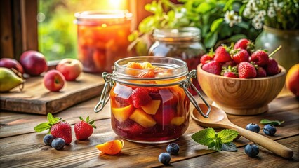 Aufkleber - A Jar of Homemade Fruit Preserve with Fresh Fruit and Herbs on a Rustic Wooden Table