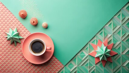 Fototapete - A cup of coffee, a pink saucer, and pastel paper stars on a pastel green and pink background