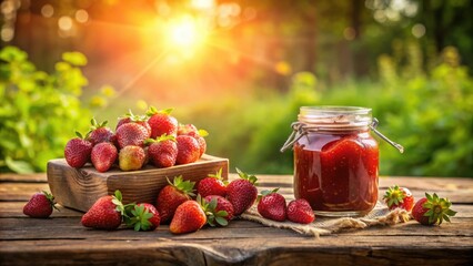 Aufkleber - A Rustic Wooden Table Displayed with a Jar of Homemade Strawberry Jam and Fresh Strawberries in the Warm Glow of the Setting Sun
