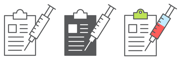 Immunization program icon collection, vaccine and injection, clipboard with syringe vector icon set, vector graphics, editable stroke outline sign