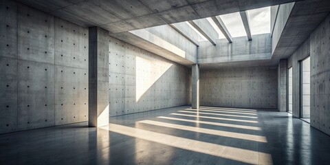 Aufkleber - A minimalist concrete room with large windows and sunlight streaming in through a skylight, creating long shadows across the polished floor