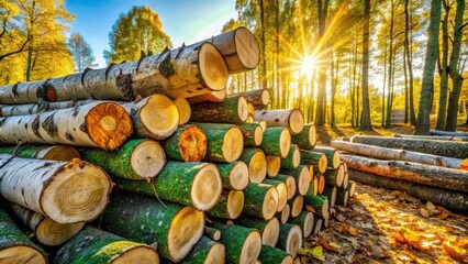 Aufkleber - A stack of cut logs in a sun-drenched forest, showcasing the natural beauty of wood and the golden hues of autumn