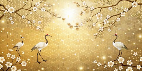 Poster - Golden Geometric Pattern with Delicate White Blossoms and Graceful Cranes