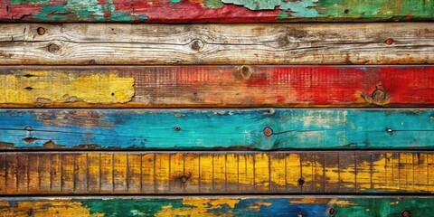 Aufkleber - A weathered wooden plank wall with layers of faded paint in vibrant shades of red, yellow, blue, and green.