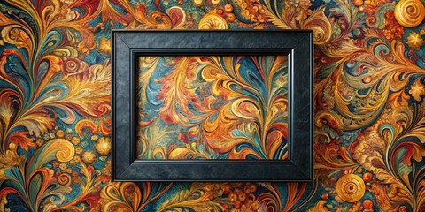 Leinwandbilder - A Black Frame Adorns a Wall with a Vibrant and Intricate Pattern of Swirling Hues and Golden Accents