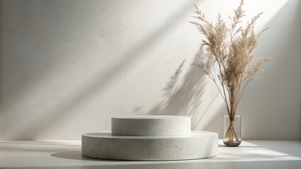 Aufkleber - Minimalistic product display with a circular podium and dried flower arrangement in a glass vase against a textured white background with soft light shadows.
