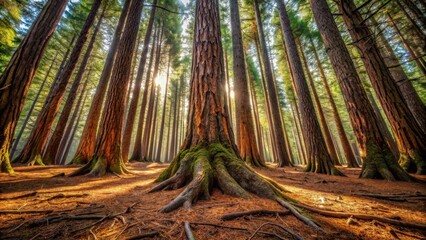 Aufkleber - Sunlight streams through the towering trunks of a dense forest, casting long shadows on the forest floor