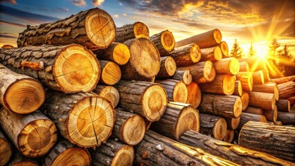 Aufkleber - A stack of wooden logs illuminated by a setting sun, showcasing the natural beauty of timber and the warmth of the golden hour.