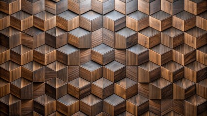 Fototapete - Geometric Wooden Wall Paneling with a 3D Effect, Creating an Intricate Pattern of Cubes and Rectangles