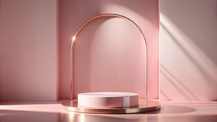 Fototapete - A minimal pink and gold backdrop featuring a round pedestal and an arched frame, illuminated by soft natural light