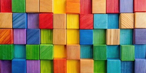 Fototapete - A vibrant rainbow of colors on wooden blocks arranged in a repeating pattern creating a geometric abstract background