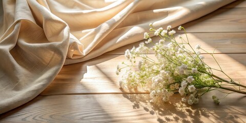 Aufkleber - Delicate White Flowers Laying on Natural Wooden Surface with Soft Fabric Draped in the Background