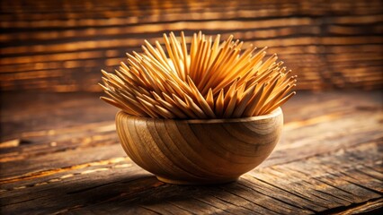 Poster - A rustic wooden bowl filled with a cluster of slender wooden toothpicks, resting on a weathered wooden surface, bathed in warm, natural light.