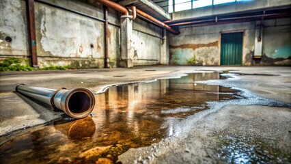 Poster - A lone metal pipe lies in a puddle of water, reflecting the muted light of a forgotten industrial space.