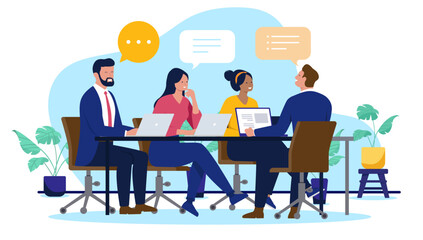 Poster - Diverse business professionals engaged in lively discussion and idea exchange during a collaborative office meeting, utilising laptops for teamwork and planning. Flat design vector illustration
