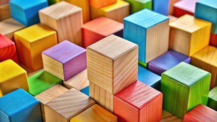 Fototapete - A colorful jumble of wooden blocks, forming a captivating abstract pattern, with textures and shades that evoke a sense of playfulness and creativity.